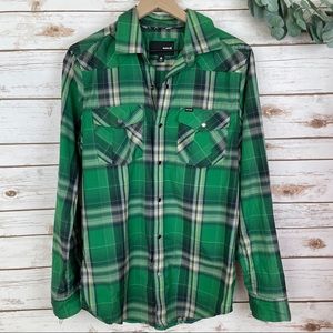 HURLEY Snap down long sleeve green plaid shirt M